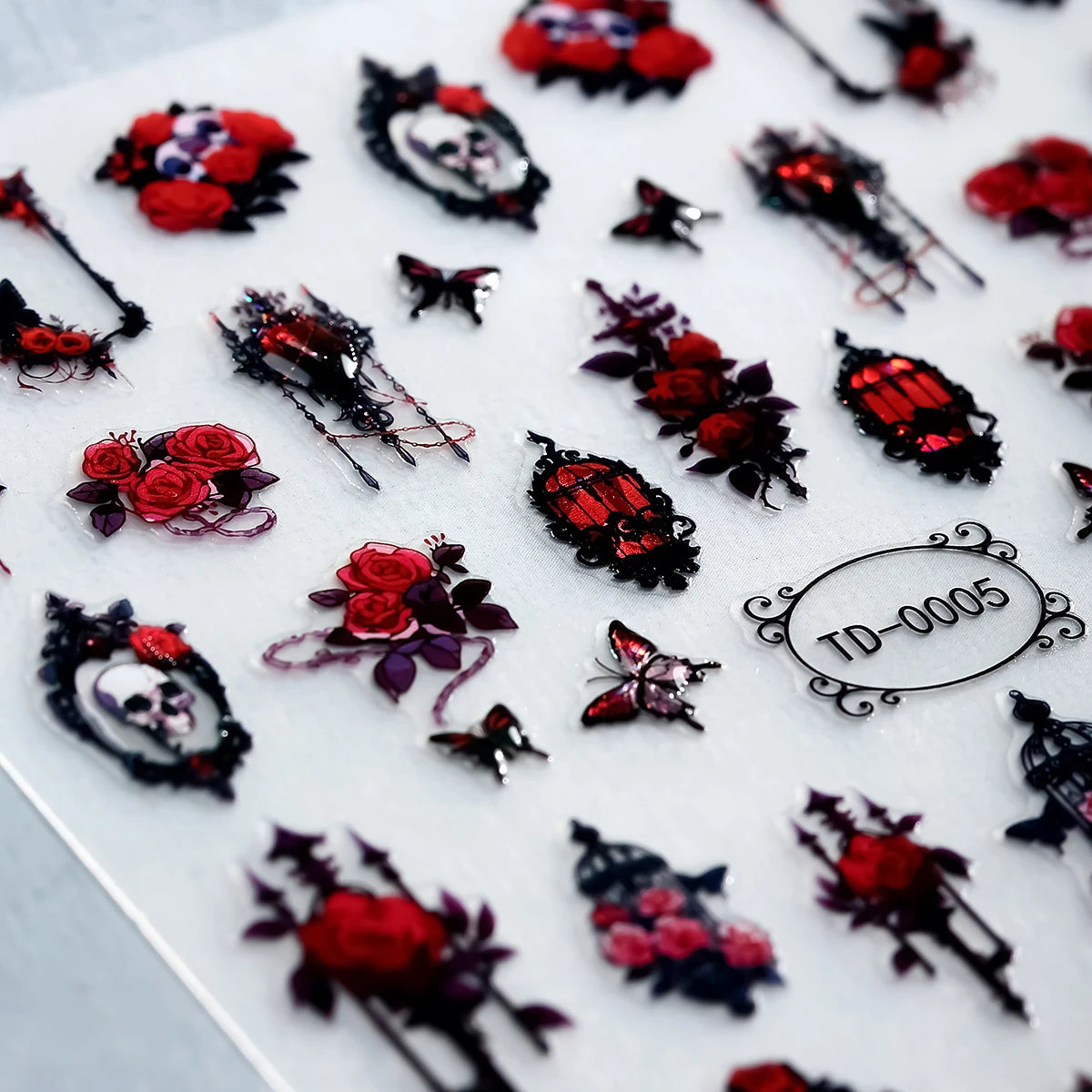 2pcs Black Red Gothic Halloween Nail Stickers 3D Skull Rose Snake Cross Nail Decals for Festival Nail Decor Self-Adhesive Slider