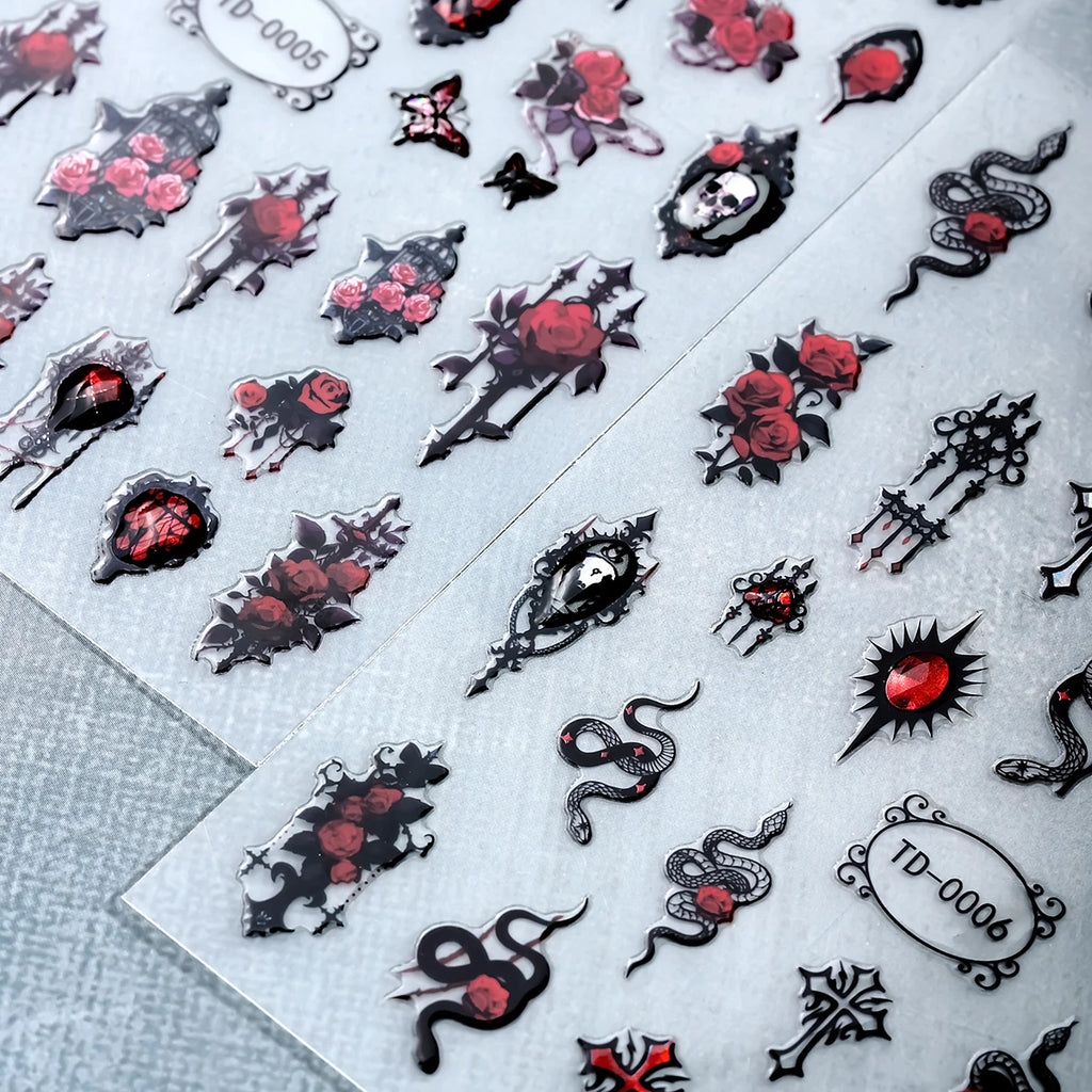 2pcs Black Red Gothic Halloween Nail Stickers 3D Skull Rose Snake Cross Nail Decals for Festival Nail Decor Self-Adhesive Slider