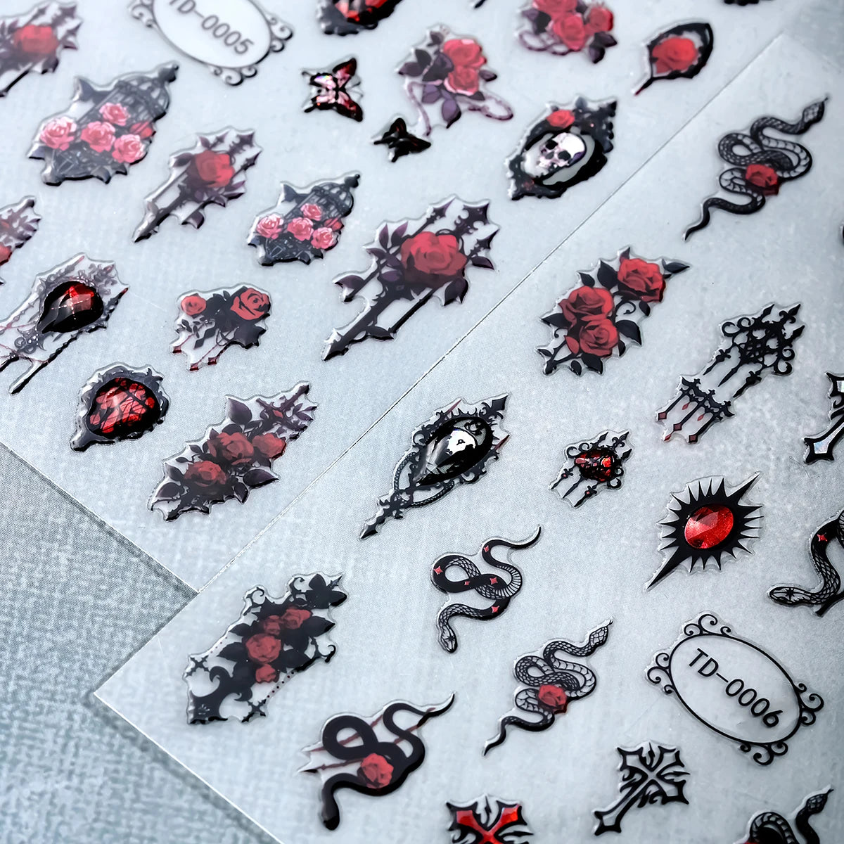 2pcs Black Red Gothic Halloween Nail Stickers 3D Skull Rose Snake Cross Nail Decals for Festival Nail Decor Self-Adhesive Slider