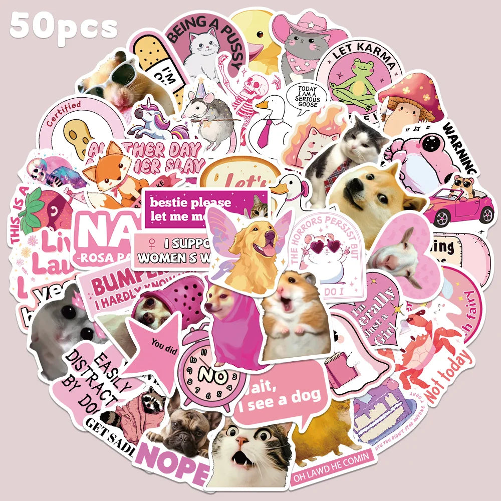 50pcs Pink Funny Sticker Cartoon Cute Decal For Phone Scrapbook Guitar Skateboard Bicycle Helmet Decoration Sticker Holiday Gift
