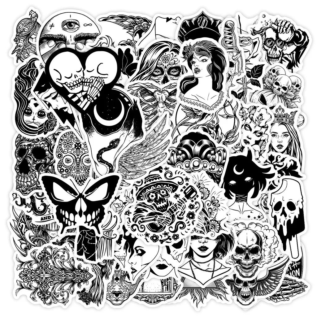 50-Piece Unique Horror Black & White Stickers - Non-Repeatable PP Waterproof Decals with Skull Butterfly RecordingYourLife Store