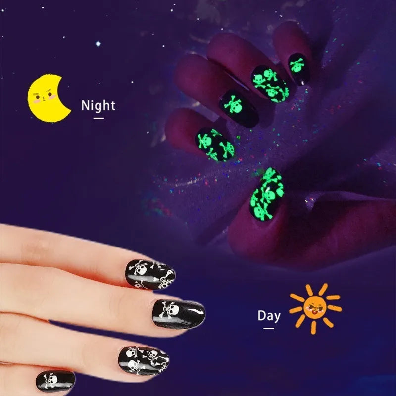 Glow Dark Nail Stickers Fluorescent Skull Flower Design Full Cover Fake Nails Self Adhesive Manicure Art Decals Beauty Supplies