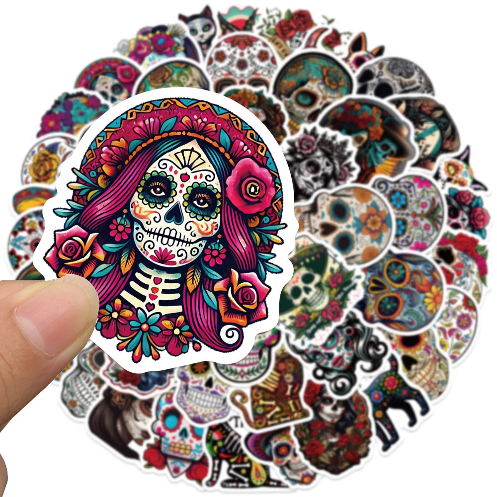 50pcs Flower Skull Sticker Creative Cool Decal For Phone Guitars Skateboard iPad Decoration Sticker Halloween Party Gift