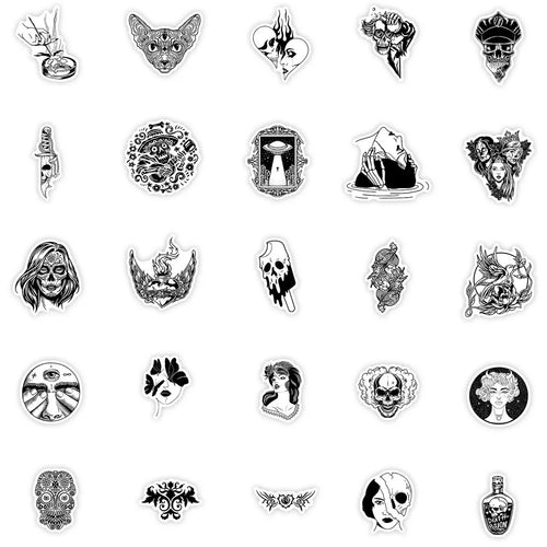 50-Piece Unique Horror Black & White Stickers - Non-Repeatable PP Waterproof Decals with Skull Butterfly RecordingYourLife Store