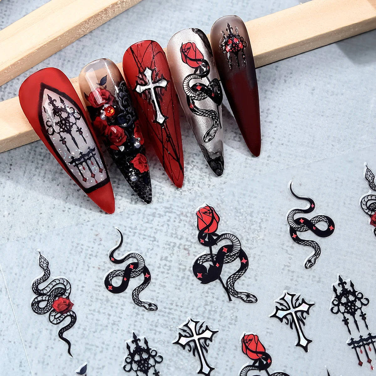 2pcs Black Red Gothic Halloween Nail Stickers 3D Skull Rose Snake Cross Nail Decals for Festival Nail Decor Self-Adhesive Slider