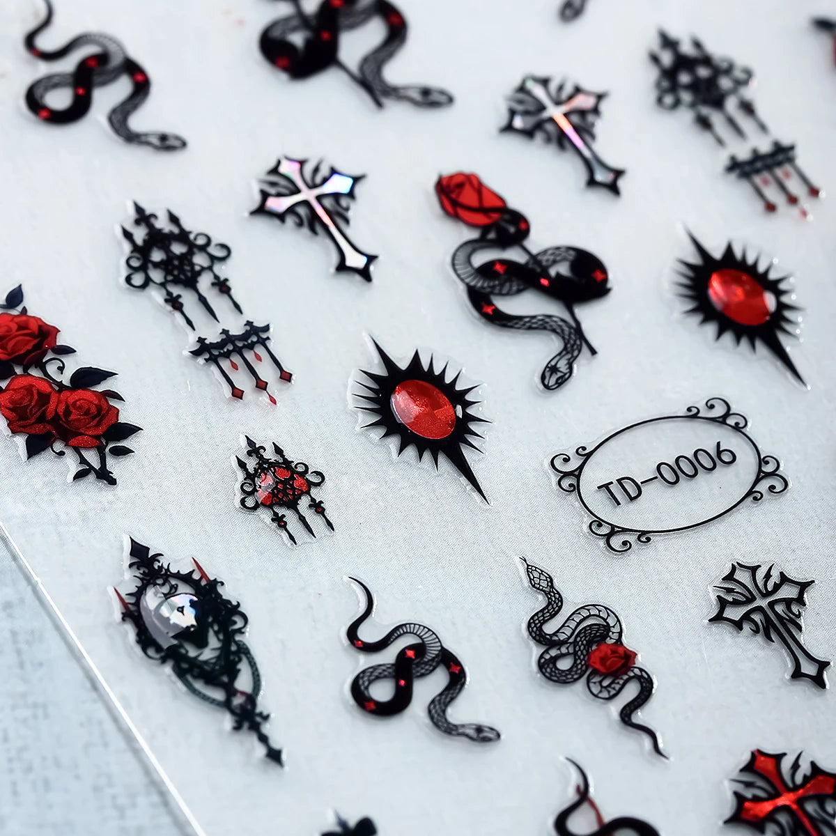 2pcs Black Red Gothic Halloween Nail Stickers 3D Skull Rose Snake Cross Nail Decals for Festival Nail Decor Self-Adhesive Slider