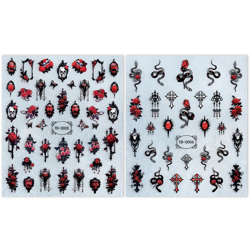 2pcs Black Red Gothic Halloween Nail Stickers 3D Skull Rose Snake Cross Nail Decals for Festival Nail Decor Self-Adhesive Slider