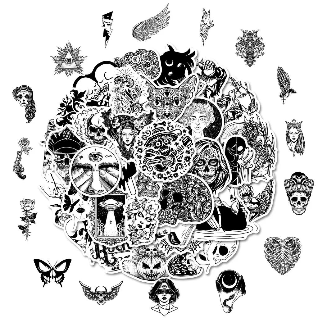 50-Piece Unique Horror Black & White Stickers - Non-Repeatable PP Waterproof Decals with Skull Butterfly RecordingYourLife Store