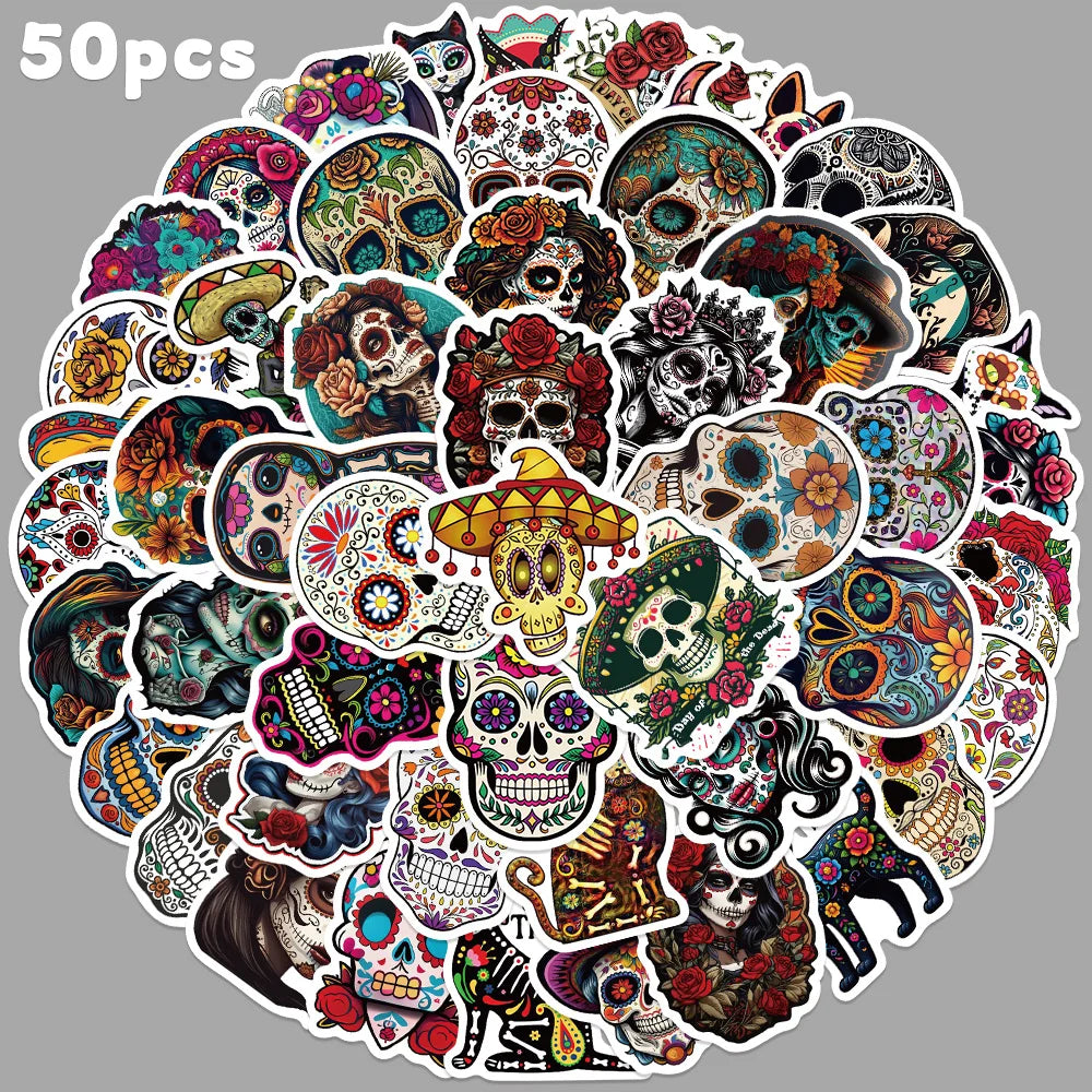 50pcs Flower Skull Sticker Creative Cool Decal For Phone Guitars Skateboard iPad Decoration Sticker Halloween Party Gift