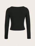 Muchica Women's Simple Round Neck Black Tight Basic Long Sleeve T-Shirt For Summer Suitable For Going Out