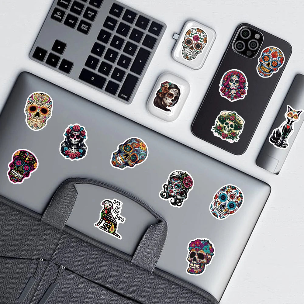50pcs Flower Skull Sticker Creative Cool Decal For Phone Guitars Skateboard iPad Decoration Sticker Halloween Party Gift