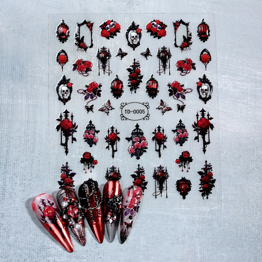 2pcs Black Red Gothic Halloween Nail Stickers 3D Skull Rose Snake Cross Nail Decals for Festival Nail Decor Self-Adhesive Slider