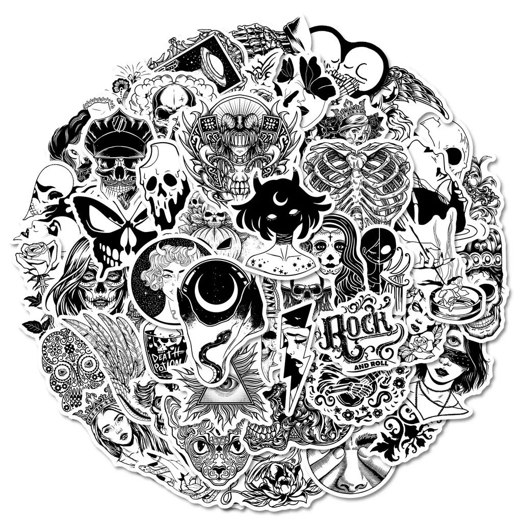 50-Piece Unique Horror Black & White Stickers - Non-Repeatable PP Waterproof Decals with Skull Butterfly RecordingYourLife Store