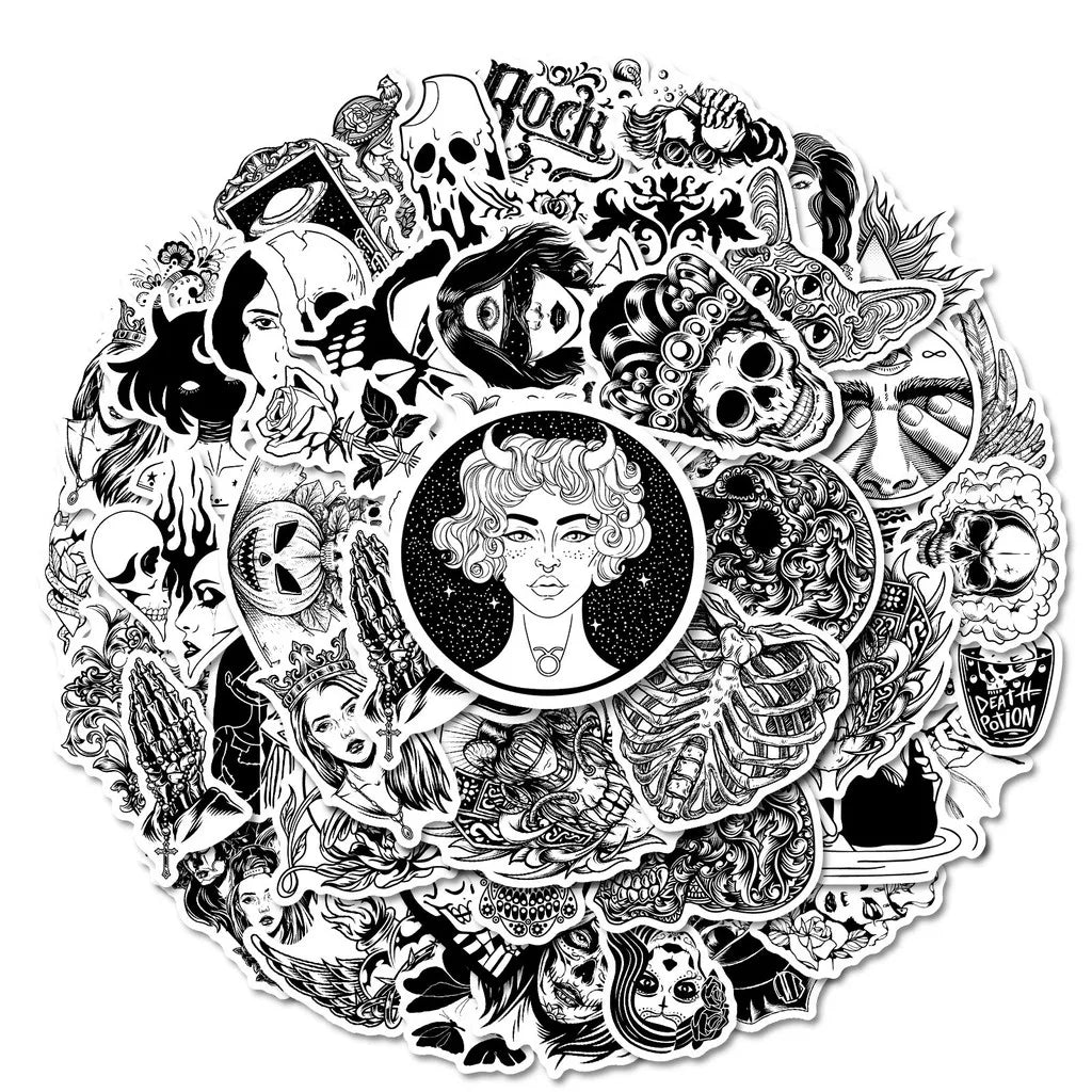 50-Piece Unique Horror Black & White Stickers - Non-Repeatable PP Waterproof Decals with Skull Butterfly RecordingYourLife Store
