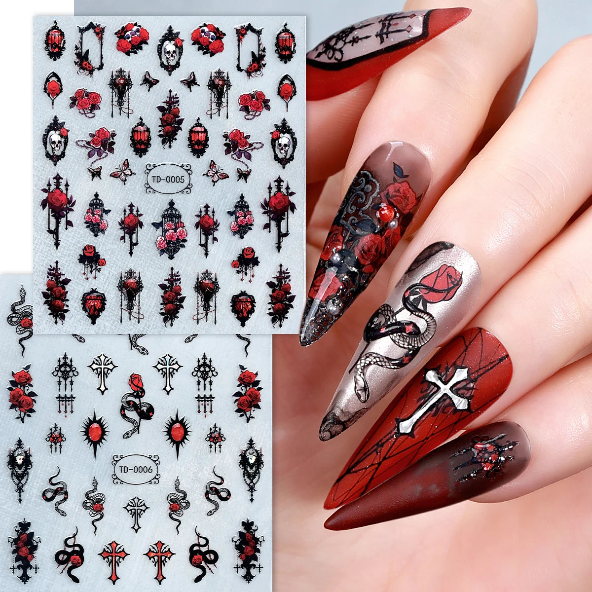 2pcs Black Red Gothic Halloween Nail Stickers 3D Skull Rose Snake Cross Nail Decals for Festival Nail Decor Self-Adhesive Slider